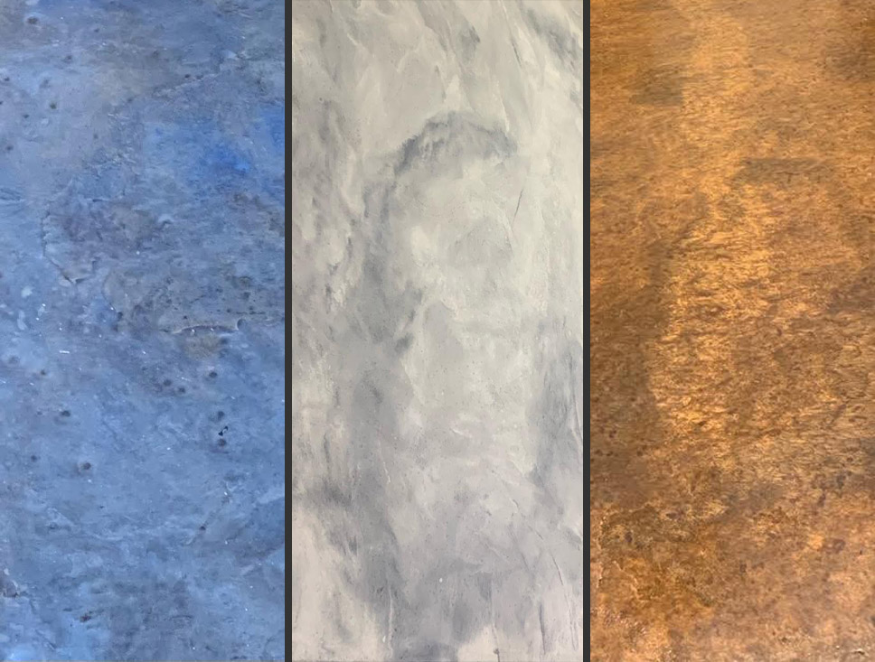 A collection of 3 types of epoxy floors, seperated vertically. The first one is blue marbled with greyish black. The second is grey marbled with greyish black. The third one is yellow or gold marbled with greyish black.