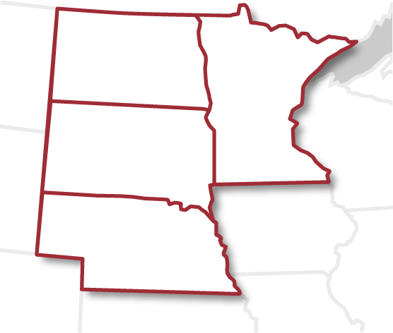 Map of red outlined states who are North and South Dakota, Minnesota, and Nebraska filled in with right